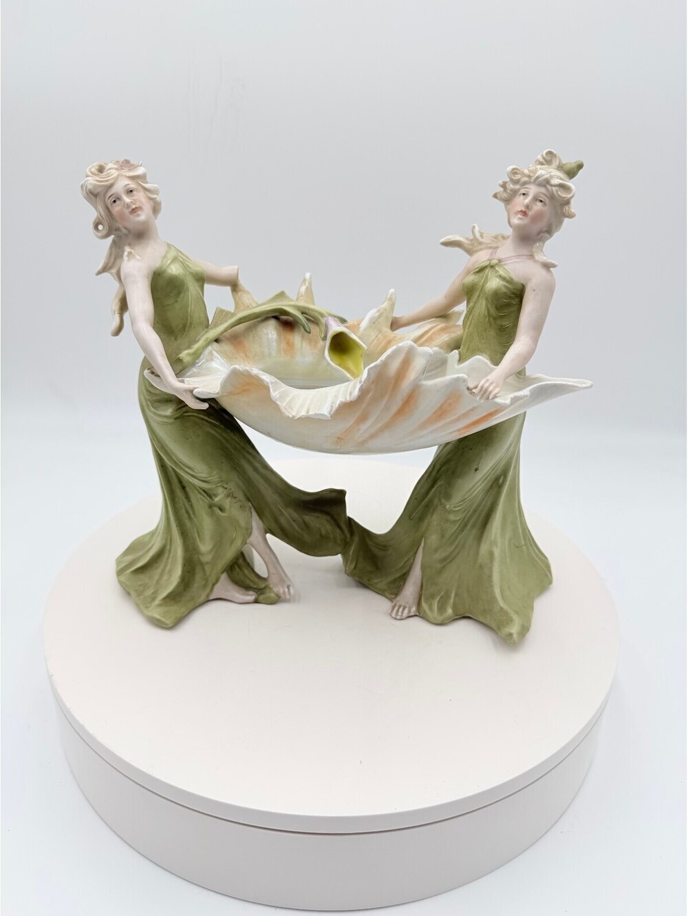 Antique German Art Nouveau Bisque Porcelain Nymphs Shell Centerpiece Bowl